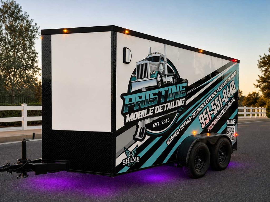 Pristine Mobile Detailing trailer wrap design by Murrieta Marketing